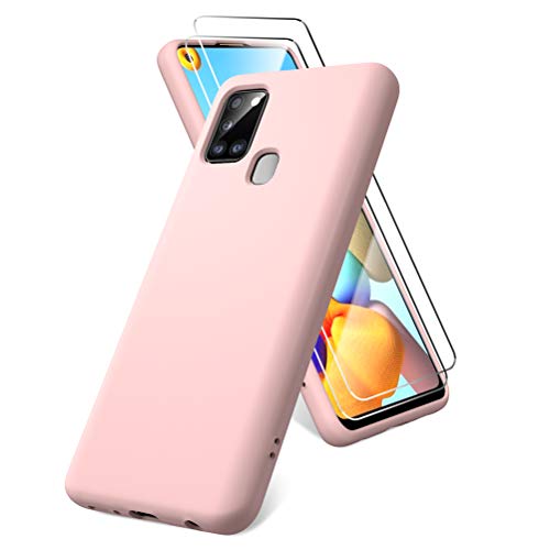 Oududianzi Funda para Samsung Galaxy A21s, Protector Pantalla Cristal Templado, Carcasa de Silicona Líquida Gel Ultra Suave Funda con tapete de Microfibra Anti-Rasguño - Rosa