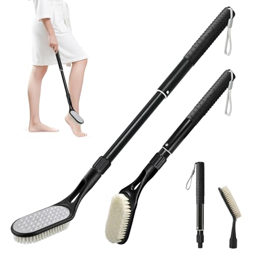 Long Handle Foot Scrubber for Shower Extendable Foot Brush with Foot File 2 in 1 Dual Sided Back Saving Foot Cleaner Brush for Cleaning Between Toes & Removing Calluses Foot Care Tool for Seniors