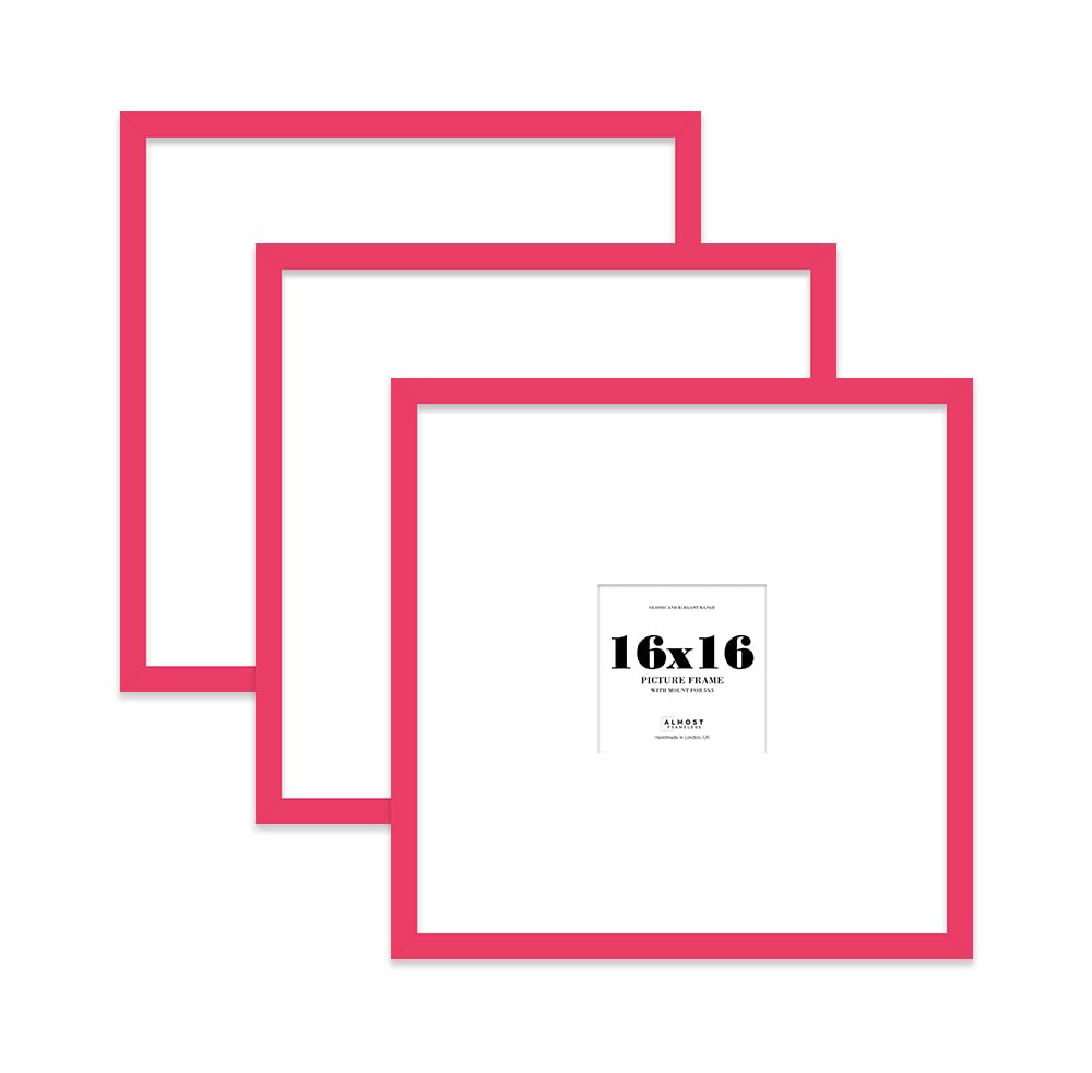 16x16 Bright Pink Picture Frame with Large Mount for 5x5 Photos, Prints - Modern Square Wall Frame, Set of 3
