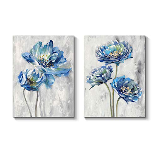 Tar Tar Studio Blue Flower Artwork Canvas Picture: Floral Painting Bloom Wall Art Print On Canvas For Dining Room (12''W X 16''H X 2 Pcs, Multiple Sizes/Material) #TOP6