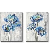 TAR TAR STUDIO Blue Flower Artwork Canvas Picture: Floral Painting Bloom Wall Art Print on Canvas...