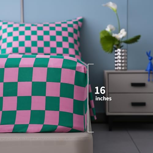 Image of Best Season Bed Sheet Set 3 Pieces -Twin Size-Soft Durable Microfiber Bedding Sheet Set,Deep Pocket,Stain,Fade & Wrinkle Resistant (Plaid Pink&Green)