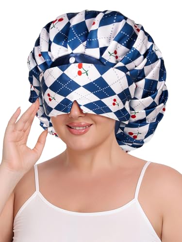 Vettres Pleated Silk Sleeping Bonnet with Eye Mask Double Layer Satin Hair Bonnets Sleep Cap for Curly Natural Hair Blue White Cherry — view 2