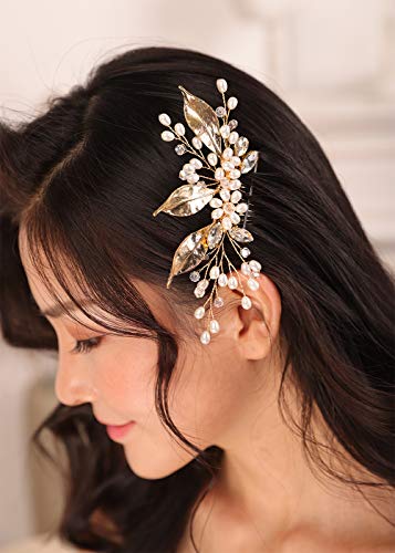 Kercisbeauty Peigne à cheveux en perles dorées avec feuille en cristal pour mariage, demoiselle d'honneur, accessoires de cheveux Art déco