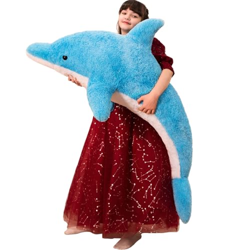 Image of MorisMos 55 Inch Giant Dolphin Stuffed Animals, Large Stuffed Dolphin Plush Toy Soft Marine Ocean Plush Gifts for Kids, Blue