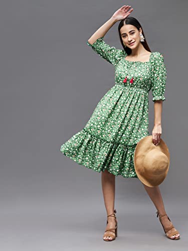 Image of Miss Chase Women's Wrap Floral Square Neck 3 /4 Sleeve Ruffled Knee Length Dress