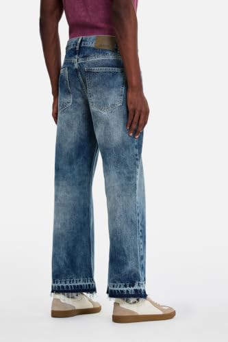 Image of SNITCH Men Flared Fit Jeans | Mid Rise Stone-Washed Denim with Raw Frayed Hem & 5-Pocket Design | 100% Cotton Woven Fabric for Casual & Everyday Wear