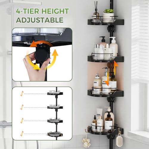 Image of akinbas 360 Rotating Shower Caddy Tension Pole with 4-Tier Rustproof Lazy Susan 35-128 Inch No Drilling Coner Shelves Adjustable Shower Rack for Bathroom Bathtub Washbasin Plant Storage (Black)