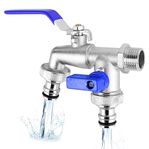 Image of HASTHIP Double Valve Water Tap, Dual Outlet Tap with Divided Valve Control Heavy Duty Zinc Alloy Tap