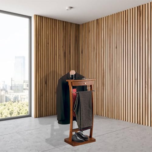 WPPTNSFY Wood Clothes Valet Stand with Tray, Floor Standing Suit Valet Stand with Drawers and Front Trouser Rack, Men\'s Valet Stand, for Living Room Office Dressing Room 44.4x30x112.2 cm (Walnut)
