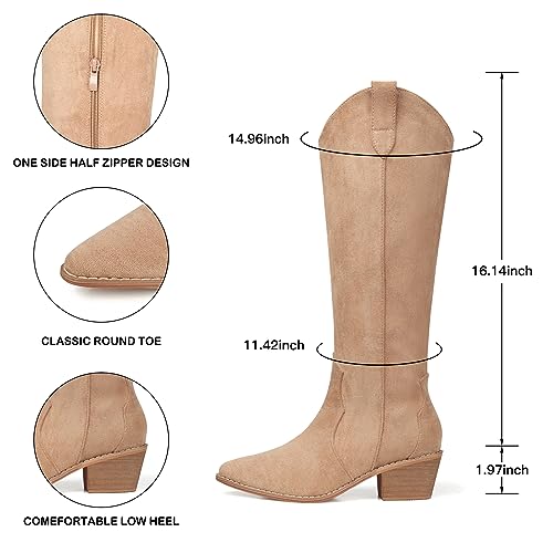 Image of SHIBEVER Cowgirl Boots Knee High: Womens Western Cowboy Boots Wide Calf Apricot Low Heeled Put on Suede Tall Booties Size 10.5