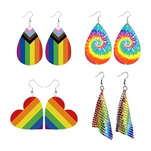 Earrings For Women Drop Earrings 4 Pairs Of Earrings Rainbow Mesh Dangle Earrings Tie Dye Pu Leather Drop Earrings Heart Shape Dangle Earrings Rainbow Teardrop Earrings Cover