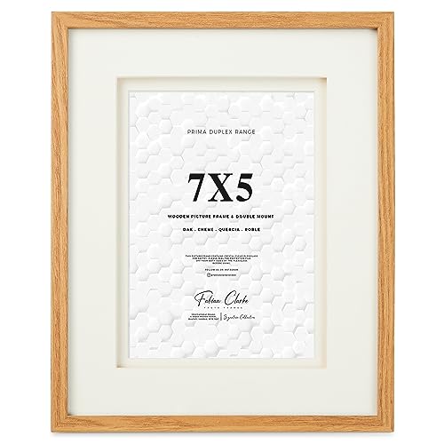 Fabian Clarke London® Oak Colour Wooden Picture Photo Frame with Off White Double Mount to Hang Portrait or Landscape (7x5)