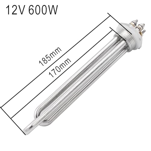 DERNORD 12V 600W Immersion Heater Submersible Water Heater Element Stainless Steel Heating Element with 1 Inch NPSM Fitting Double U Type