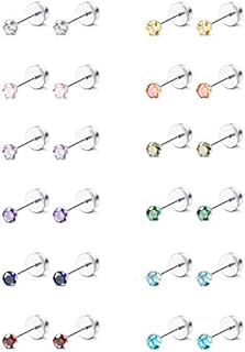 Adramata 12 Pairs CZ Stud Earrings for Girls Women Stainless Steel Cubic Zirconia Screw Flat Back Earrings Set