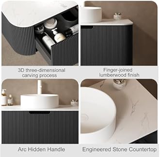 36 inch Floating Bathroom Vanity with Sink, Natural Solid Wood Modern Bathroom Vanities with Ultra-Thin Ceramic Basin and Marble Top, Soft-Close Design, Pre-Assembled, Gloss Black