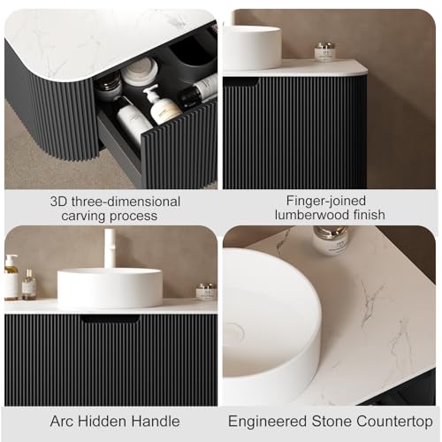 36 inch Floating Bathroom Vanity with Sink, Natural Solid Wood Modern Bathroom Vanities with Ultra-Thin Ceramic Basin and Marble Top, Soft-Close Design, Pre-Assembled, Gloss Black