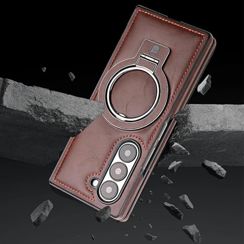 Coque Galaxy Z Fold 6 antichoc en cuir marron à anneau magnétique - 6