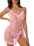 Kolagri Womens Sexy Lingerie Dress Set with Thong Sleepwear Lace Babydoll Chemise Mesh Sheer Nightgown Pink S