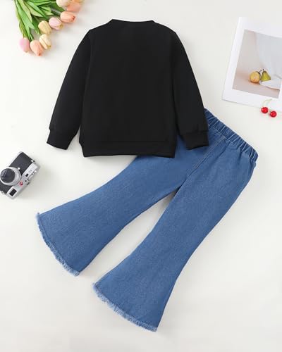 Image of SODLON Kids Toddler Girl Clothes Winter Outfits Shirt Top Bell Bottom Jeans Denim Pants Set Little Girl Fall Spring Clothing