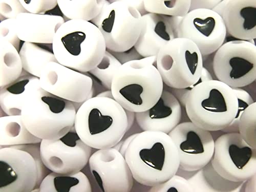 beadsvision 250 Herzperlen weiß mit schwarzem Herz rund 7mm Acryl Spacer Bastelperlen Perlen (250 Herzperlen weiß schwarz #14) Cover