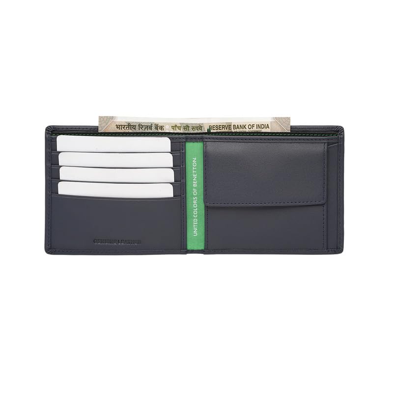 Image of United Colors of Benetton Men's Genuine Leather Global Coin Wallet Gweru - Navy | Slim Bifold with Secure Coin Pouch, 2 Compartments 4 Card Slots | Stylish Purse of Gents
