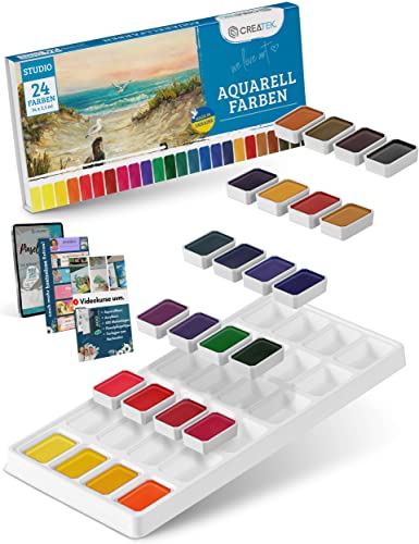 CreaTek - Aquarellfarben Set [+2 Std. Aquarell Videokurs & Malvorlagen] 24 leuchtende & kräftige Wasserfarben | Made in Ukraine | Aquarellfarbkasten, Aquarell Set, Watercolor Set, Aquarell Farben Cover