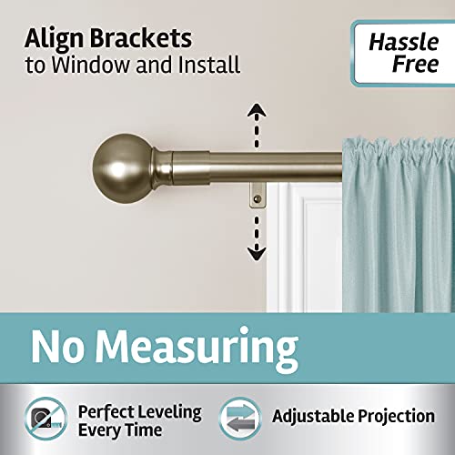 Maytex Smart Rods No Measuring Easy Install 1" Window Drapery Curtain Rod With Ball Finial, 18 Inch - 48 Inch, Antique Brass #TOP1