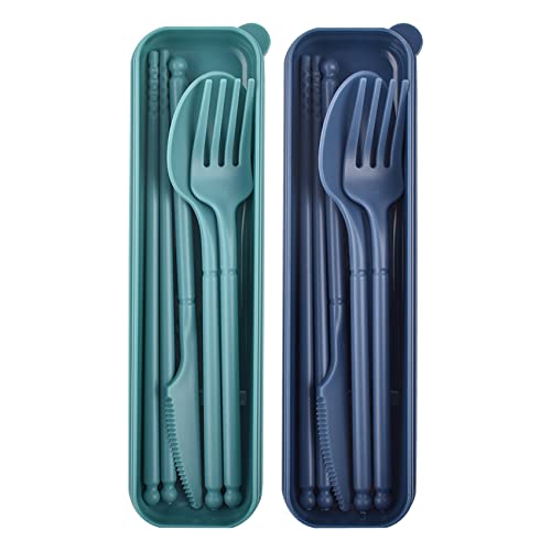 2 Sets Travel Cutlery Set with Case, Forks Knives and Spoons Set, Plastic Cutlery Set Reusable, Camping Cutlery Set for 2, Portable Cutlery Set for Lunch Box Travel Picnic Office School (1)