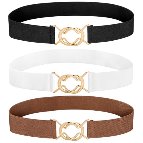 Womens Stretch Elastic Belt - Gold Buckle Adjustable Waist Belt for Dresses, Tops & Skirts