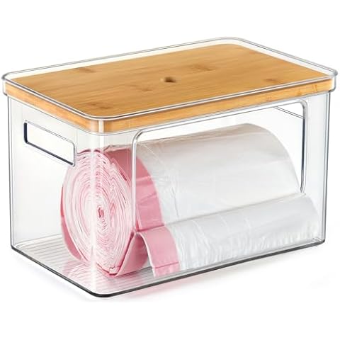 Hudgan Stackable Storage with Bamboo Top for Kitchen Laundry Room Organization, Extra Large Trash Bag/Garbage Bag Dispenser Cover