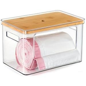 Hudgan Stackable Storage with Bamboo Top for Kitchen Laundry Room Organization, Extra Large Trash Bag/Garbage Bag Dispenser, Pantry Organizers and Storage Under Sink Organizer