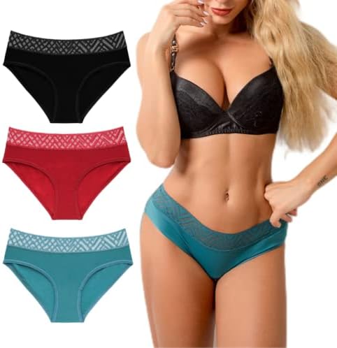 3 Pack Womens Underwear Cotton Panties Soft Lace Comfy Briefs Underpants Ladies Hipster for Women Panties (S) Multicoloured