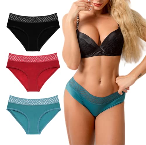 3 Pack Womens Underwear Cotton Panties Soft Lace Comfy Briefs Underpants Ladies Hipster For Women Panties (S) Multicoloured #TOP1