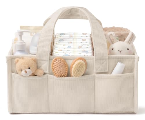 Image of Corduroy Baby Diaper Caddy Organizer with Handles, Nursery Storage Basket