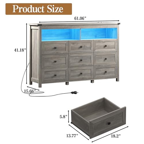 Image of Wodeer 9 Drawer Dresser for Bedroom with LED Lights, Charging Station, Wood Chest of Drawers with Metal Handles, Modern TV Stand & Storage Organizer for Bedroom, Hallway, Grey
