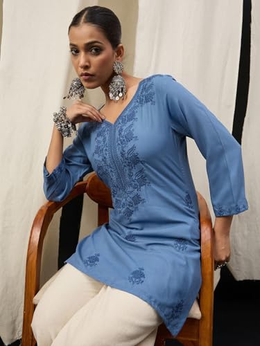 Image of Amazon Brand - Tavasya Women Embroidered Thread Work Shorts Kurti Top Tunic