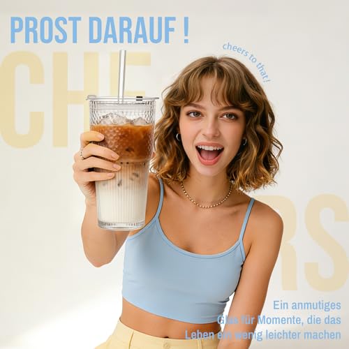 SoulTimes 600 ml Glasbecher mit Deckel und Glasstrohhalm, 4 Stück  – Stilvolle gerippte Trinkgläser für Iced Coffee, Saft… – Ansicht 9