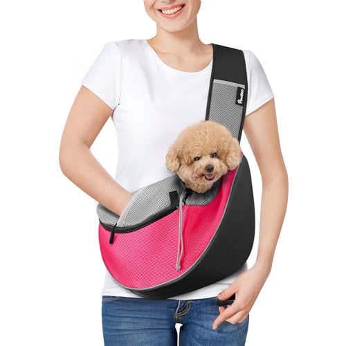 Pawaboo Dog Sling Carrier, Dog Papoose with Zipper Touch Pocket, Hand Free Breathable Mesh Puppy Carrier, Crossbody Satchel Dog Purse with Adjustable Strap for Outdoor Travel, Pink, Medium