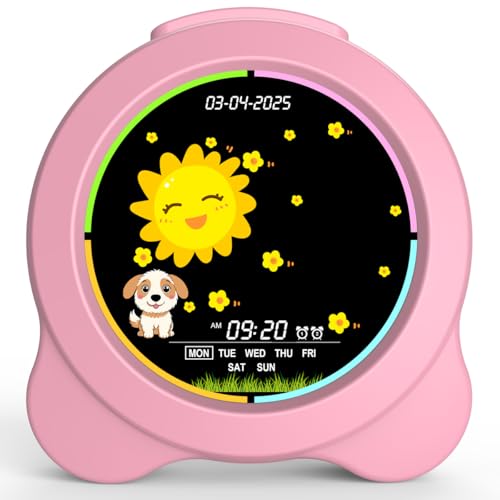 Sinoviwe Kids Alarm Clock Sun & Moon LED Display with Day & Date OK to Wake Clock with Night Light for Kids Children's Sleep Trainer Gift for Boy and Girls (Pink) - image 1