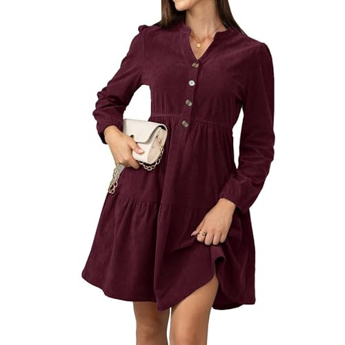 Alaster Queen Damen Herbstkleid Herbst Winter Kleid Langarm Volant Blusenkleid Damen Strickkleid Mit Taschen V-Ausschnitt Knielang Kleid Festlich Elegant Autumn Dress,Rot,S