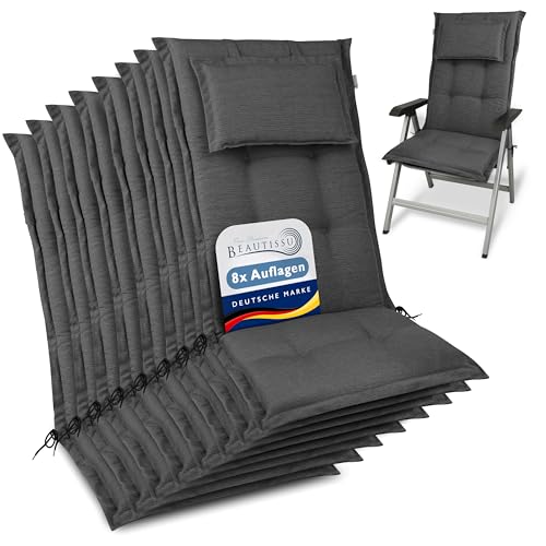 Beautissu 8er Set Premium Gartenstuhlauflage Hochlehner 120x50x7cm Dicke Polster Gartenstuhlauflage Hochlehner Auflagen Made in EU - Robuster Stoff & UV-Lichtechtheit HighLux HL Sitzkissen Anthrazit