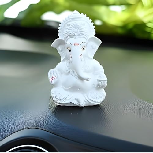 Image of JOY LAND Lord Ganesha Car Dashboard Idol | White & Gold Ganesh Murti for Car Dashboard, Home & Office Decor (White)