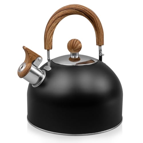 Whistling Kettle, 2.5L Stainless Steel Stove Top Teapot with Wood Grain Handle, Stovetop Camping Tea Pot for Kitchen Gas Stove Induction Hob (Black)