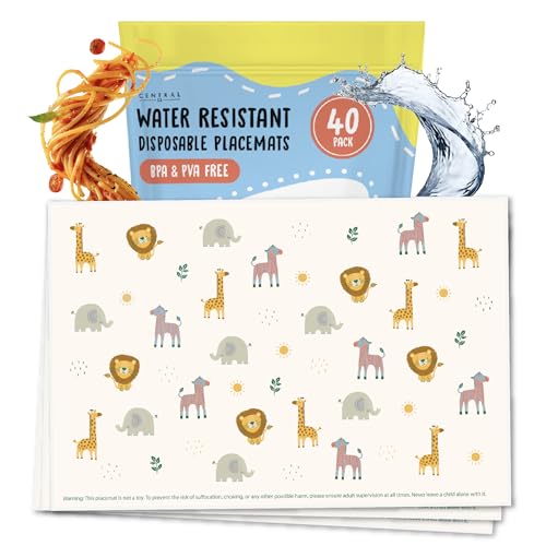 Image of Kids Disposable Placemats Stick On - Set of 40 Disposable Placemats for Toddlers - Baby Eating Essentials for Travel - Jungle Animals - Restaurant High Chair Or Table Cover - by Central 23