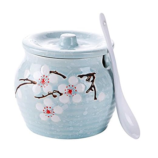 Ceramics Japanese Flower Sugar Bowl Seasoning Pot Salt Pepper Storage Jar with Lid And Spoon