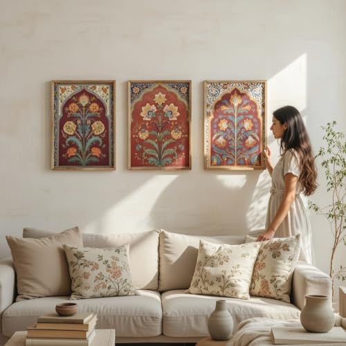 Image of Livin'luxe Set of 3 Traditional Red Floral Wall Art Premium MDF Wooden Color Framed Sparkle Lamination Printed Mughal Style Decorative Painting for Living Room Bedroom Home Decor