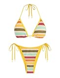 ZAFUL Women's Colorblock Stripes Triangle Halter Tied Cheeky Thong Bikini Set High Cut Two Piece Bathing Suit (2-Yellow, S)