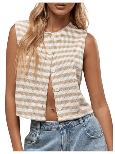 GORGLITTER Women's Striped Button Down Knitted Vest Crew Neck Sleeveless Cropped Sweater Vests