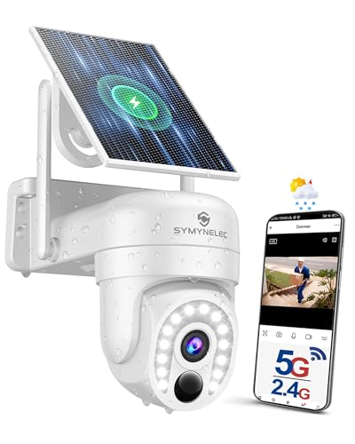 SYMYNELEC Camera Surveillance WiFi Exterieure sans Fil Solaire, 5GHz/2,4GHz Caméra WiFi 2K 360° avec Panneau Solaire, Vision Nocturne Couleur, AI Détection...